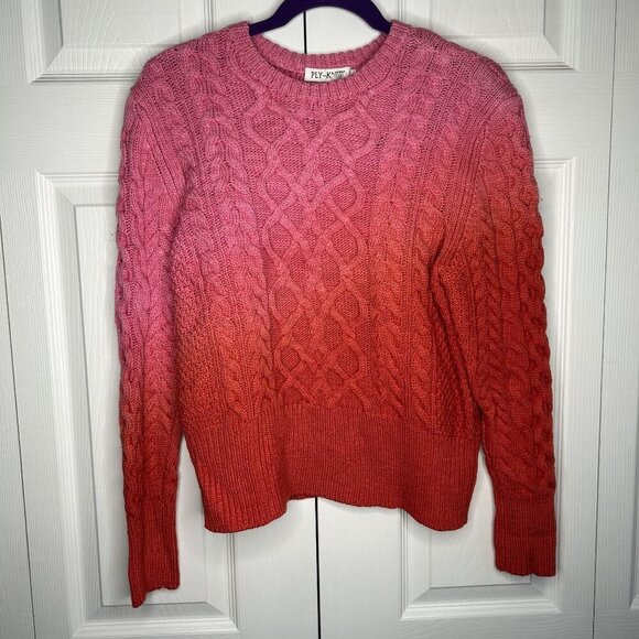 Ply-Knits Frida Pink Red Ombre Cable Knit Wool Sweater Women's Size Large L - Picture 8 of 8